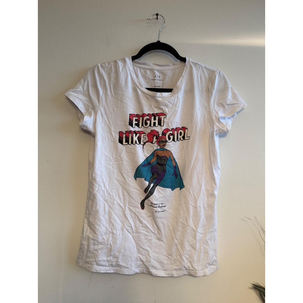 Armani Exchange Womens Fight Like A Girl Graphic Tee White Short Sleeve Large